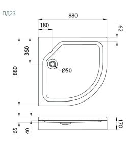 ПД23 Поддон Душевая кабина 1/4 круга низкий 88х88